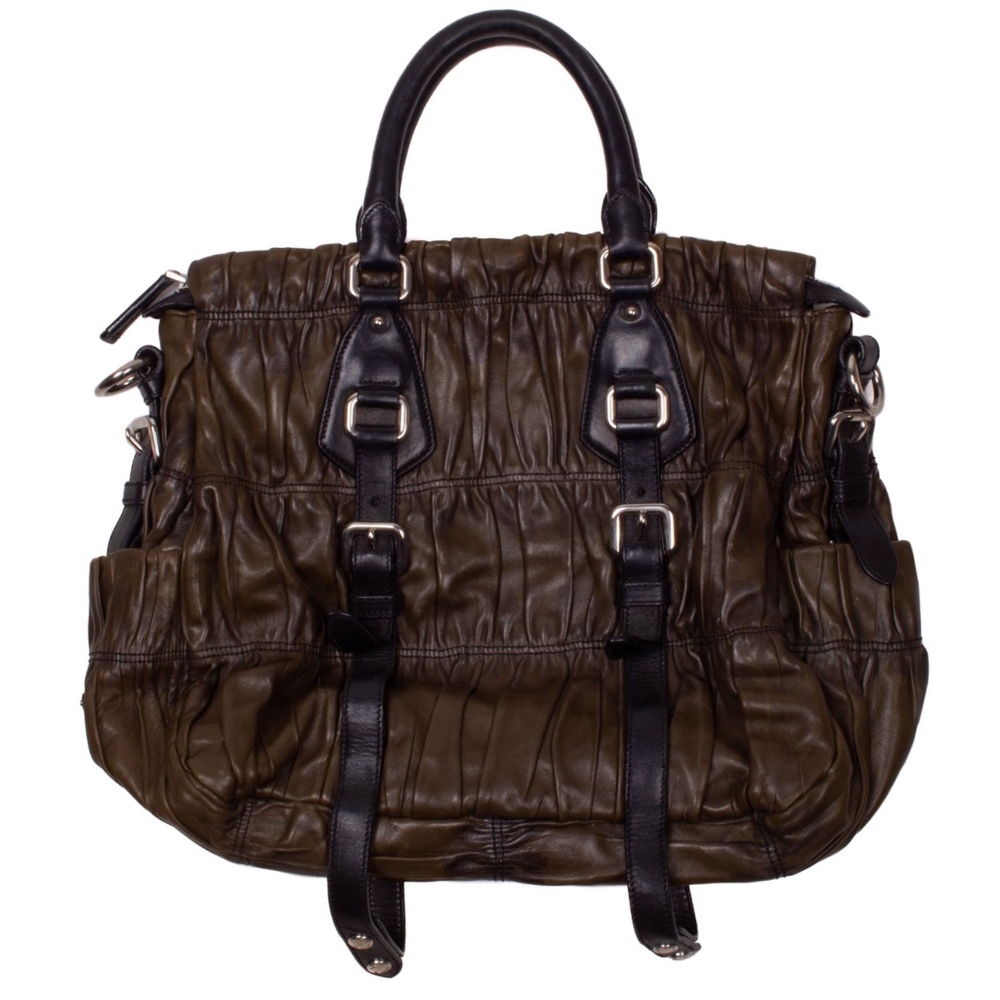 PRADA Nappa Gaufre Dark Green Leather Satchel Bag